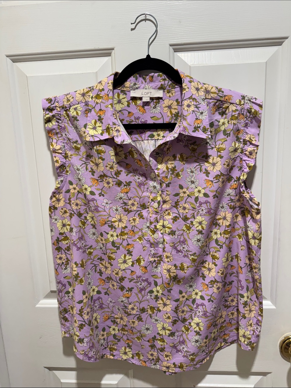 LOFT Lavender Floral Cap-Sleeve Button-Front Shirt